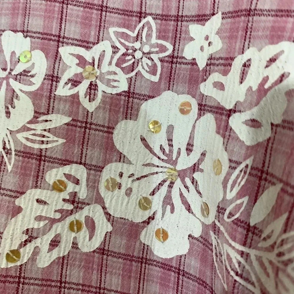 Koret Pale Pink Vintage Tropical Flower Buttons Gingham Sequin Size Large Retro - Picture 5 of 8